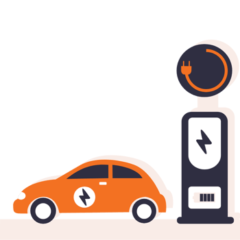 Véhicule électrique orange branchée sur une borne de recharge