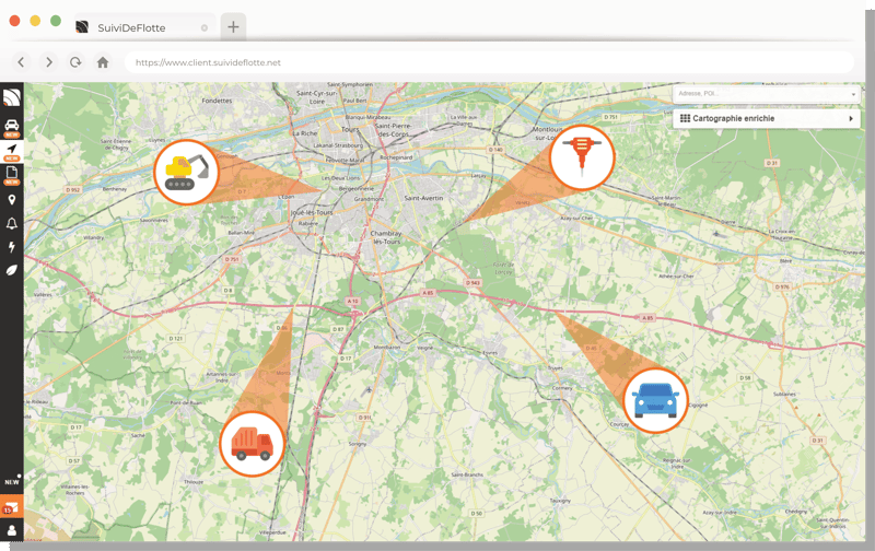 Différents types de véhicules sur la cartographie du portail SuiviDeFlotte