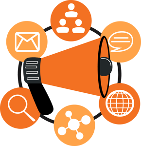Mégaphone avec des icons de différents canaux de communication autour