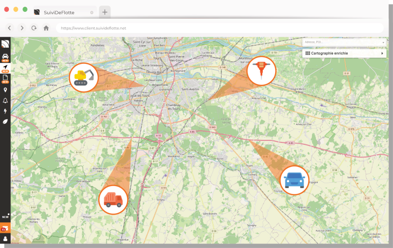Différents types de véhicules sur la cartographie du portail SuiviDeFlotte