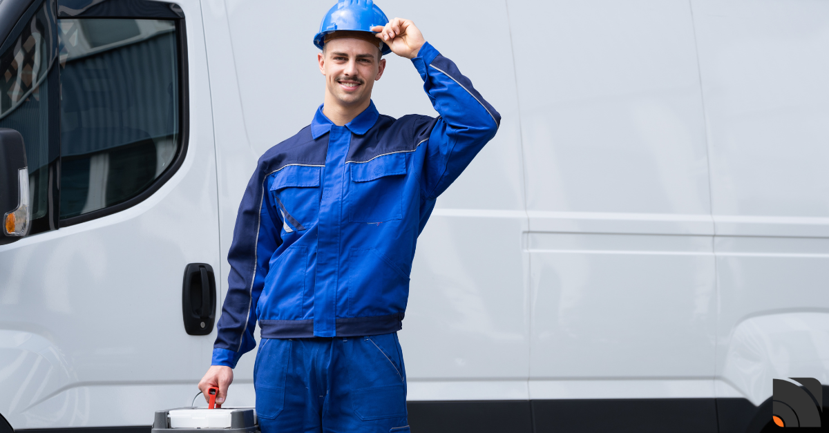 Technicien heureux devant un véhicule utilitaire