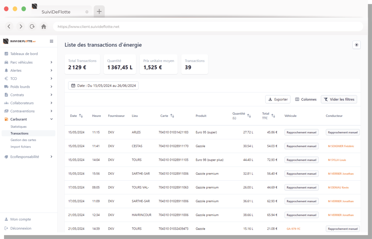 Liste des transactions carburant du logiciel SuiviDeFlotte